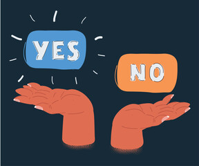 Vector illustration of hands holds scale to weigh answer to YES or NO question in balance. Object on dark background.
