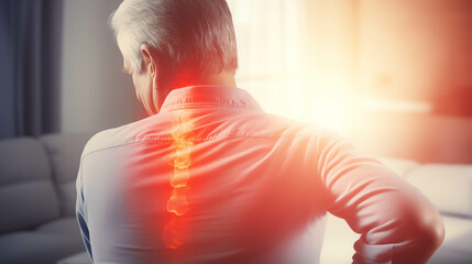 Elderly person with symptoms of spinal pain. - obrazy, fototapety, plakaty
