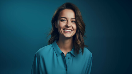 Fototapeta premium Caucasian woman wearing a shirt on a blue background.
