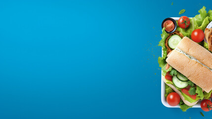 Vibrant School Lunch: Delectable Sandwiches and Fresh Snacks on Blue Background, Perfect for Advertising and Copy Space