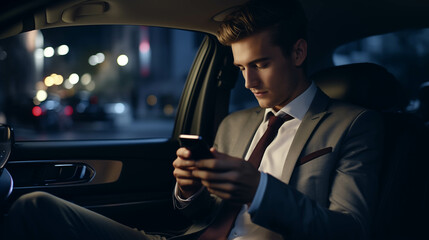 Caucasian businessman playing with cell phone in car.
