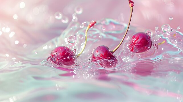 Sparkling Cherries in Pink Liquid Wallpaper, generative ai