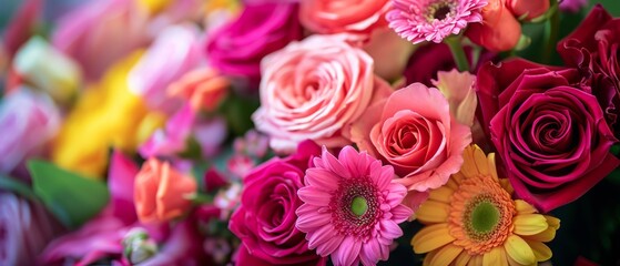 Rich and colorful beautiful bouquet of fresh flowers close up poster background.