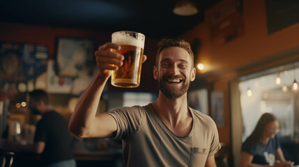 Caucasian man drinking beer in pub. - Powered by Adobe