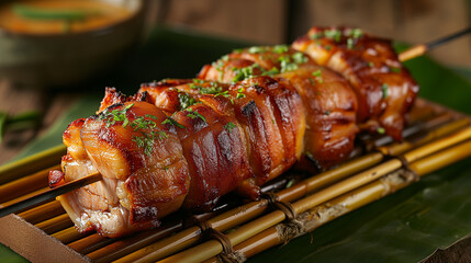 Filipino pork belly&mdash;expertly skewered on bamboo and presented in native style, adorned with banana leaves serving as a vibrant tablecloth