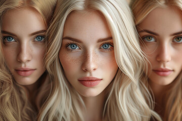 Fototapeta premium Portrait of three women with beautiful blond hair, waves. World Blonde Day