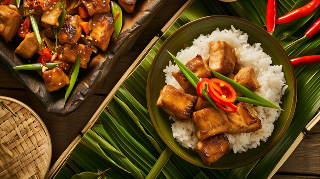 Filipino tofu and pork and rice in a bowl on a bamboo table adorned with banana leaves, professionally captured in a culinary masterpiece of native-style plating