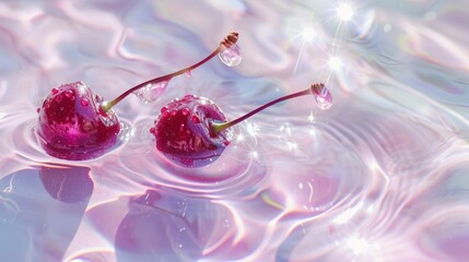 Cherries in Pink Water with Light Reflections Wallpaper, generative ai - obrazy, fototapety, plakaty