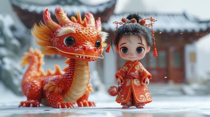 Traditional Woman and Dragon Wallpaper, generative ai.