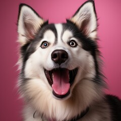 Photo portrait of charming funny alaskan sled dog sitting floor breathing tongue out isolated pink color background Generative AI