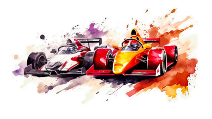 Red and yellow race car driving on track with splash of paint on it. - obrazy, fototapety, plakaty