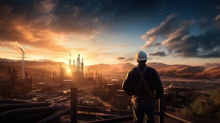 An engineer stands contemplatively, gazing over a vast industrial plant as the sunset casts a golden glow over the facility and surrounding landscape.