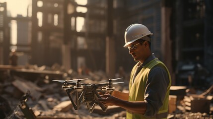An engineer in safety gear expertly maneuvers a drone to survey the damages at a devastated urban site, utilizing modern technology for assessment and planning. - obrazy, fototapety, plakaty
