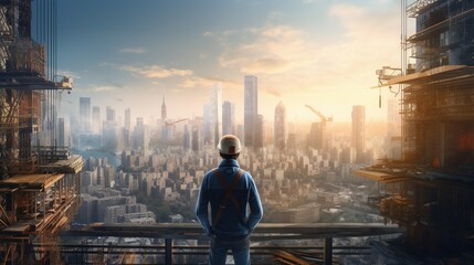An architect stands atop an unfinished skyscraper, gazing out at the cityscape bathed in the morning light, contemplating the future skyline that he's helping to shape.