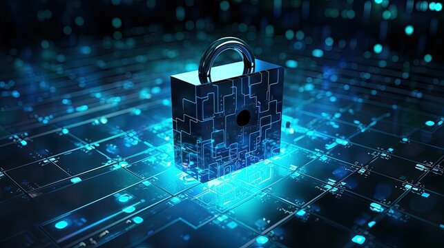 Conceptual image of a digital padlock on a glowing circuit board, representing data security and cyber protection technology.