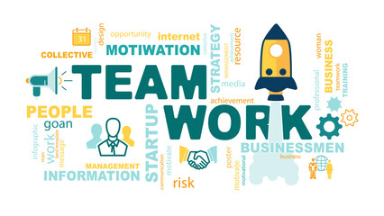 Teamwork concept poster design for office or workspace. Banner with text inscription, Team, work. Inspirational and motivational quotes. Business concept. Vector flat color illustration, yellow, green
