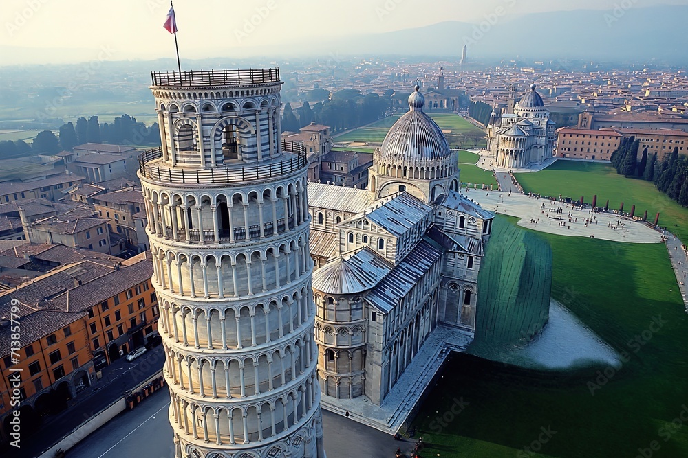 Wall mural the leaning tower of pisa in italy, aerial view on picturesque sunset - Wall murals
