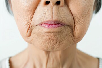 皺・たるみ・しみに悩むおばあさんの口元（眼瞼下垂・目の下のふくらみ・整形・若返り） - obrazy, fototapety, plakaty