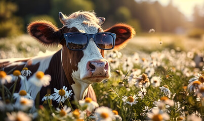 Humorous portrait of a happy cow with sunglasses in a sunny field of daisies, representing joy, summer vibes, whimsy in nature, and a carefree attitude in rural life