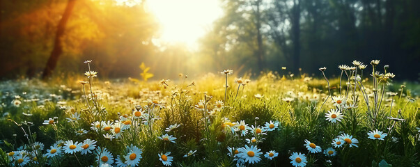 Idyllic sunlit meadow blanketed with daisies and lush grass, evoking serenity and growth, symbolizing renewal and the essence of spring - obrazy, fototapety, plakaty