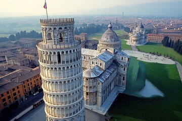 The leaning tower of Pisa in Italy, aerial view on picturesque sunset - obrazy, fototapety, plakaty