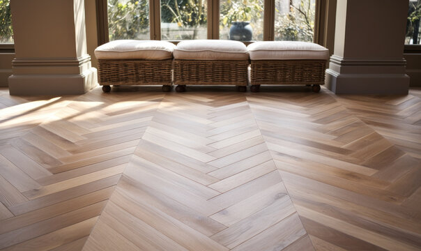 Sophisticated herringbone pattern parquet wood floor, showcasing the elegance of traditional craftsmanship in contemporary interior design