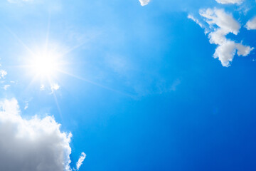 The blue summer sky with white fluffy clouds. Photo from window on the airplane.