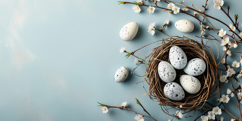 Horizontal banner with a nest in which there are eggs and free space for your text. Spring design. AI generated