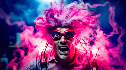 Man with pink smoke on his head and glasses on his face, making weird face.