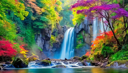 Fototapeta na wymiar Beautiful Vibrant Waterfall Painting in 4k