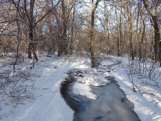 The landscape of a forest river that with difficulty breaks through the ice cover surrounded by snow-white banks under the rays of the frosty sun.