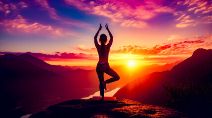 Woman doing yoga on top of mountain with the sun setting in the background.