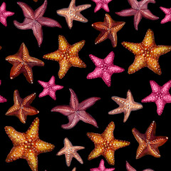 Starfish seamless pattern. Undersea world. Watercolor drawing isolated on black background.
