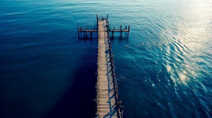 Long dock in the middle of body of water with boat in the distance. - obrazy, fototapety, plakaty