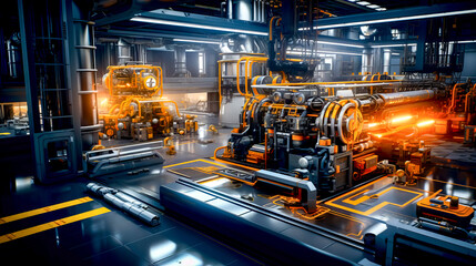 Computer generated image of factory with lot of machinery in it.
