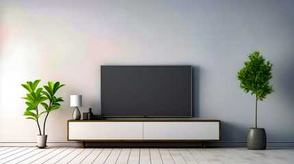 Modern tv stand in white room with plant on the side.