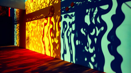 Shadows cast on the wall of building with red and yellow wall.