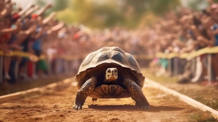 Tortoise winning the race, people on both sides of the track watching, concept of Tortoise and the Hare. - obrazy, fototapety, plakaty