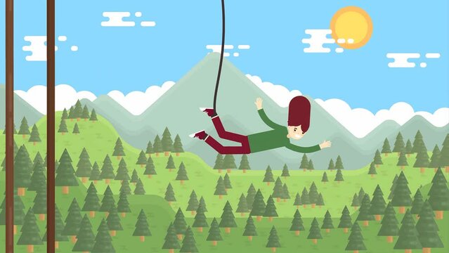 2D Rendered Animated Scene Of Girl Bungee Jumping Off Of A Bridge In The Mountains And Enjoying.
