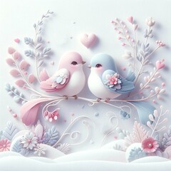 Valentine's Day Pastel Couple Bird Clipart Bundle, Cute birds in love with flowers and leaves on the white background.