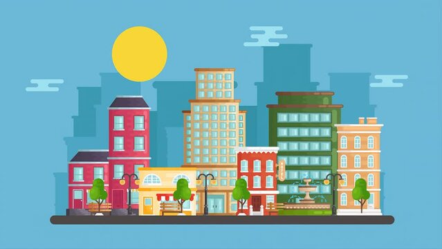 2d Rendered Animated Scene Of Appearing Of Cityscape With Roads, Building, Lamp Posts, Text On The Top