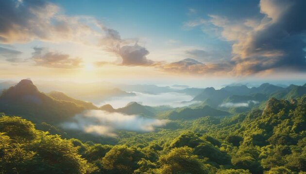 View of the sea of clouds, mountain peak, beautiful spring, falling leaves with the reflection of the sun. Eye-catching landscape background.