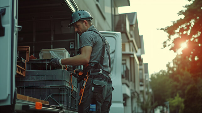  Plumber unloading equipment near residential area