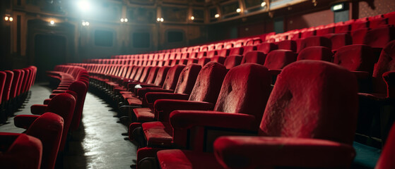 Light hitting red cloth seats in theater , movie theater by AI generate. - obrazy, fototapety, plakaty