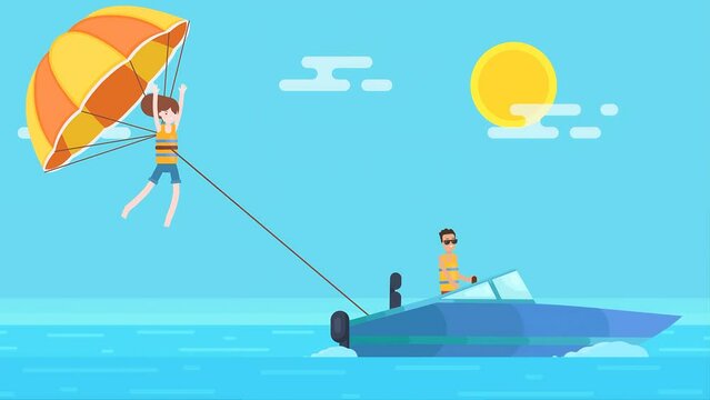 2D Animated Girl Parasailing With Parachute Behind The Motor Boat Enjoying The Moment.
