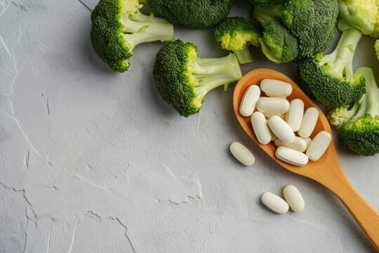 Natural supplement capsules in a wooden spoon with fresh broccoli florets. Indole 3 carbinol is a plant compound from cruciferous vegetables seeds extract. White concrete background with copy space.