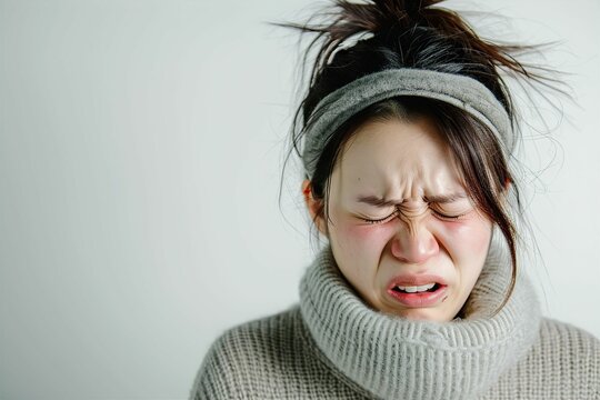 風邪をひいて辛い日本人女性（喉の痛み・くしゃみ・頭痛・咳・喉風邪・熱・悪寒）