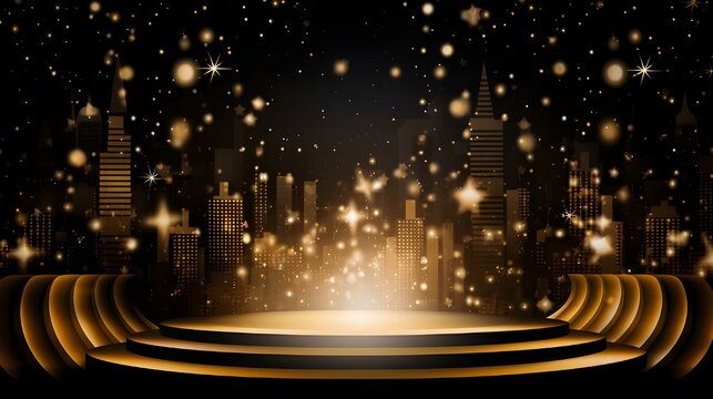luxurious event stage with gold sparkle scene backdrop, 3d model illustration