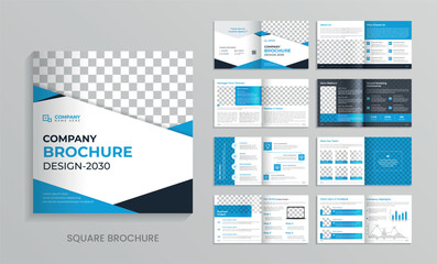 square brochure template design, 16 page minimalist flat geometric business brochure design layout