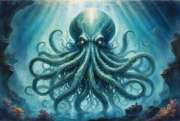 Obraz premium In a masterfully executed watercolor painting, a captivating mythopoeic alluring tentacled titan comes alive before our eyes.